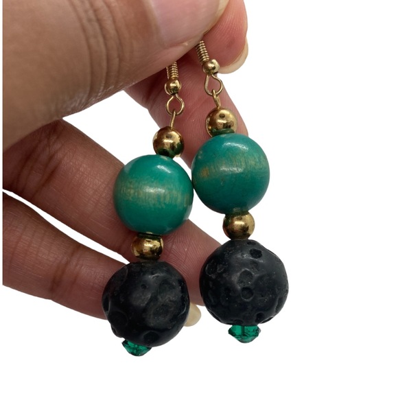 Vintage Beads and Black Lava Rock Gemstone Earrings - Picture 2 of 5